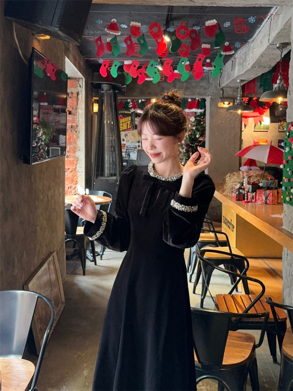 French style retro atmosphere butterfly lace-up heavy-duty diamond-encrusted velvet waist dress