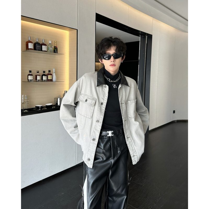 American style contrasting color splicing design denim workwear men's high street fashion brand personalized lapel jacket
