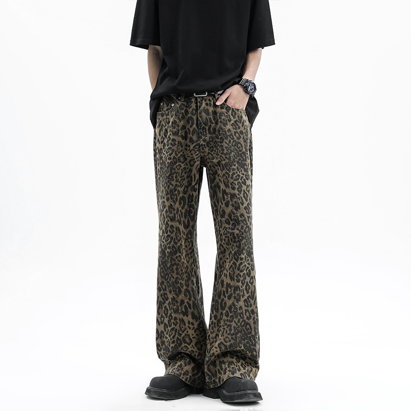 Men's and women's fashionable leopard print casual jeans loose straight leg floor-length wide-leg pants