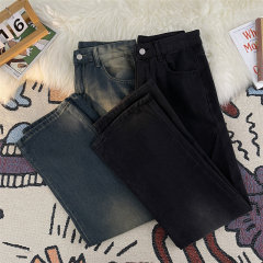 New Hong Kong style American Japanese style retro washed distressed straight casual jeans for men