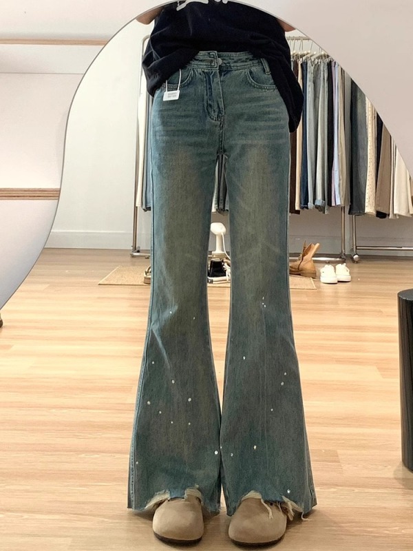 Distressed micro-flared jeans for women, new summer design, high-waisted, loose, wide-leg, slim, raw-edged straight pants