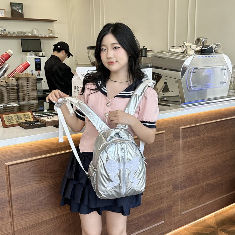 2024 new Korean style niche women's backpack solid color bow storage bag simple casual versatile backpack