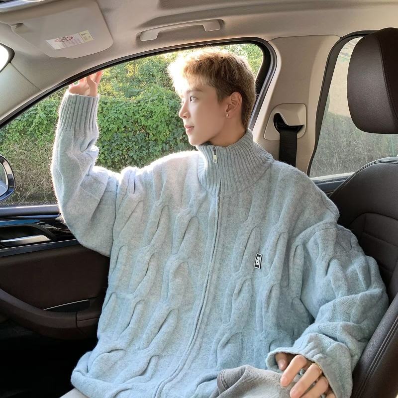Twist zipper stand collar knitted cardigan men's new autumn and winter loose casual knitted sweater jacket