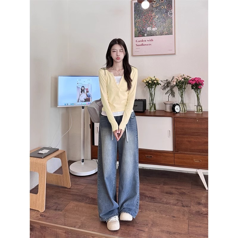 Cream yellow fake two-piece long-sleeved T-shirt for women in autumn, versatile, slim, gentle and beautiful top for small people