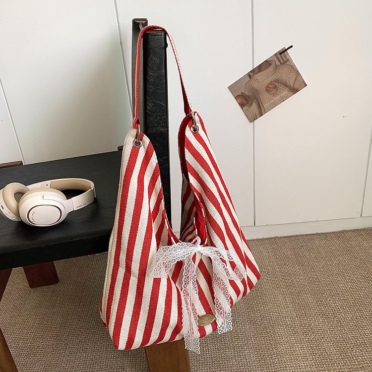 New Korean striped canvas bag for women summer 2024 new niche tote bag student large capacity cloth bag