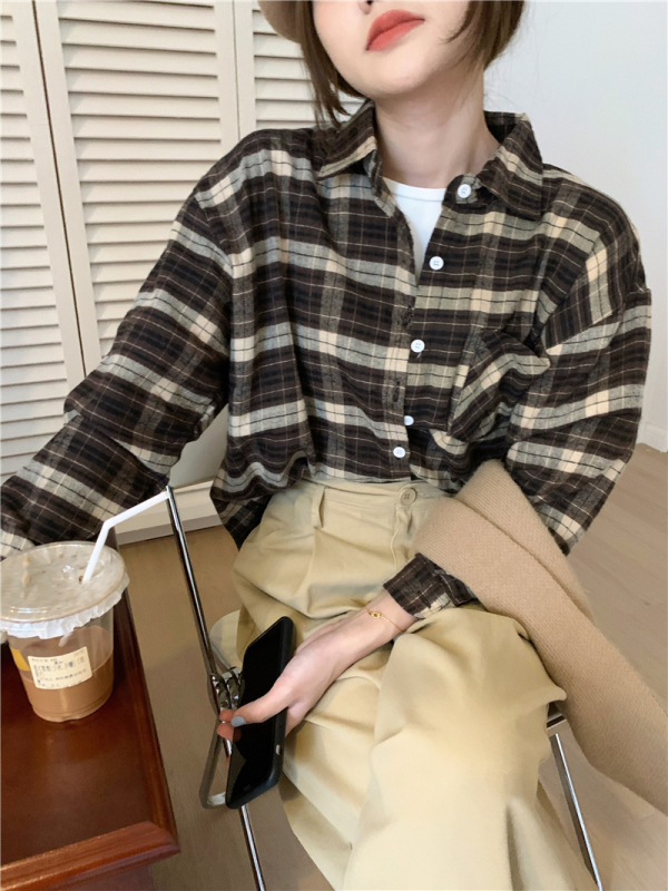Autumn and winter brushed shirt lapel plaid shirt top