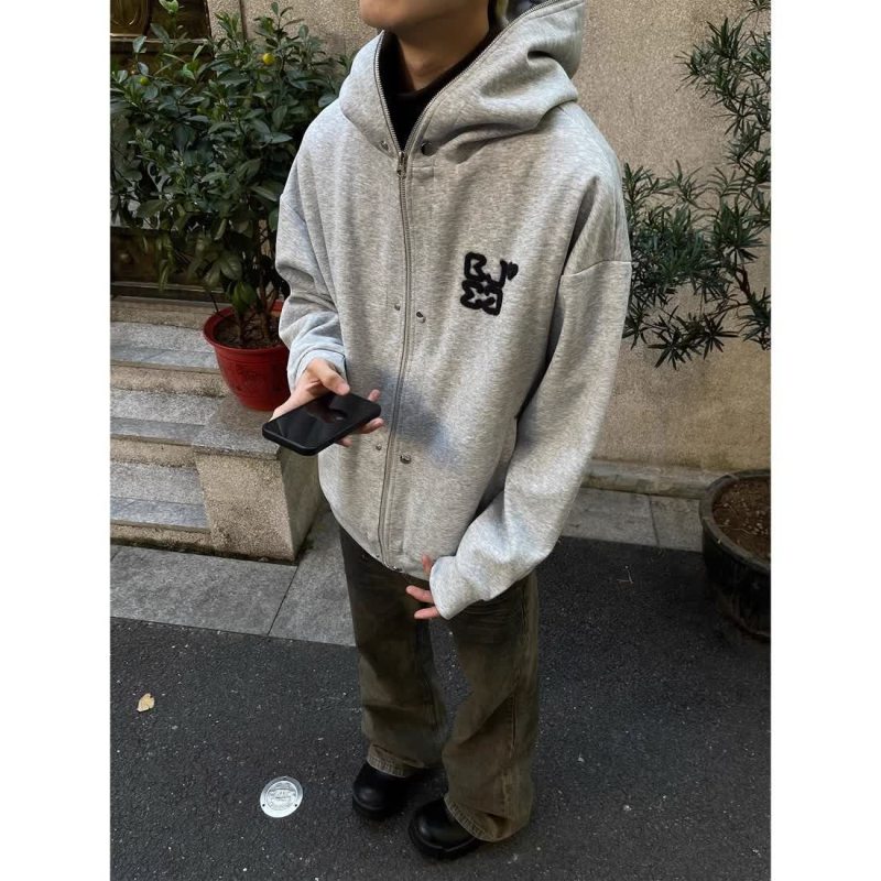 American retro towel embroidered cardigan hoodie cleanfit hooded sweatshirt jacket for men