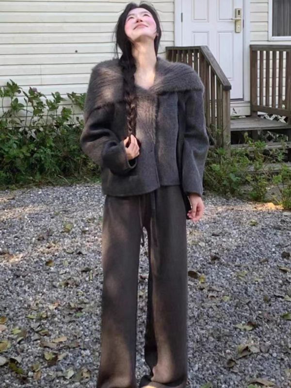 2024 winter new style spliced ​​large lapel woolen coat woolen short coat