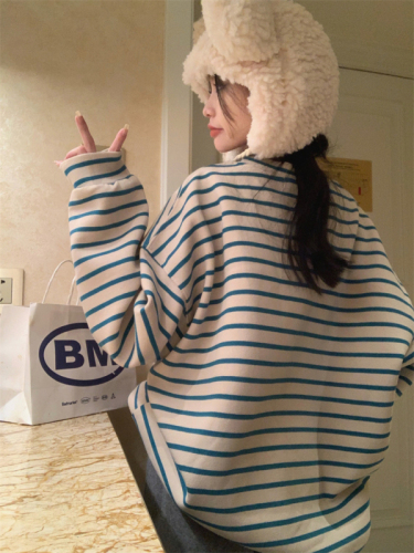 Winter outerwear thickened velvet round neck striped loose sweatshirt