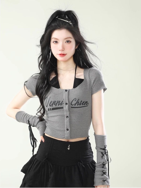 AONW summer new American retro slim short-sleeved T-shirt women's sleeve hot girl design top