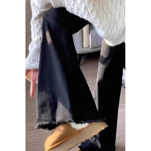 Black raw edge bootcut jeans for women in autumn and winter new large size slimming pear-shaped body stretch flared pants