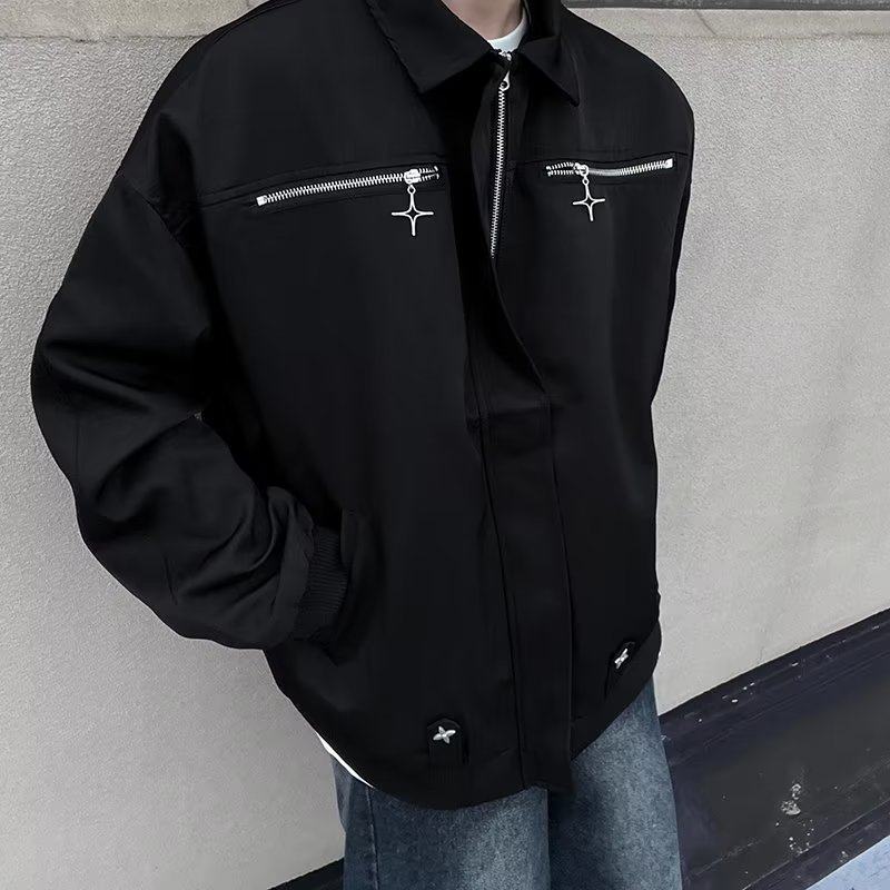 American metal star zipper jacket for men and women, handsome retro workwear style lapel versatile top