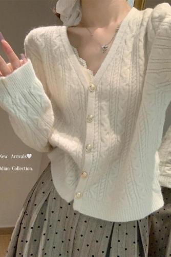 Autumn and winter Korean style v-neck gold button twist design arctic velvet sweater long-sleeved sweater jacket