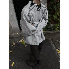 American double zipper splicing sweatshirt men's gray high street casual round neck silhouette dropped shoulder sleeve jacket
