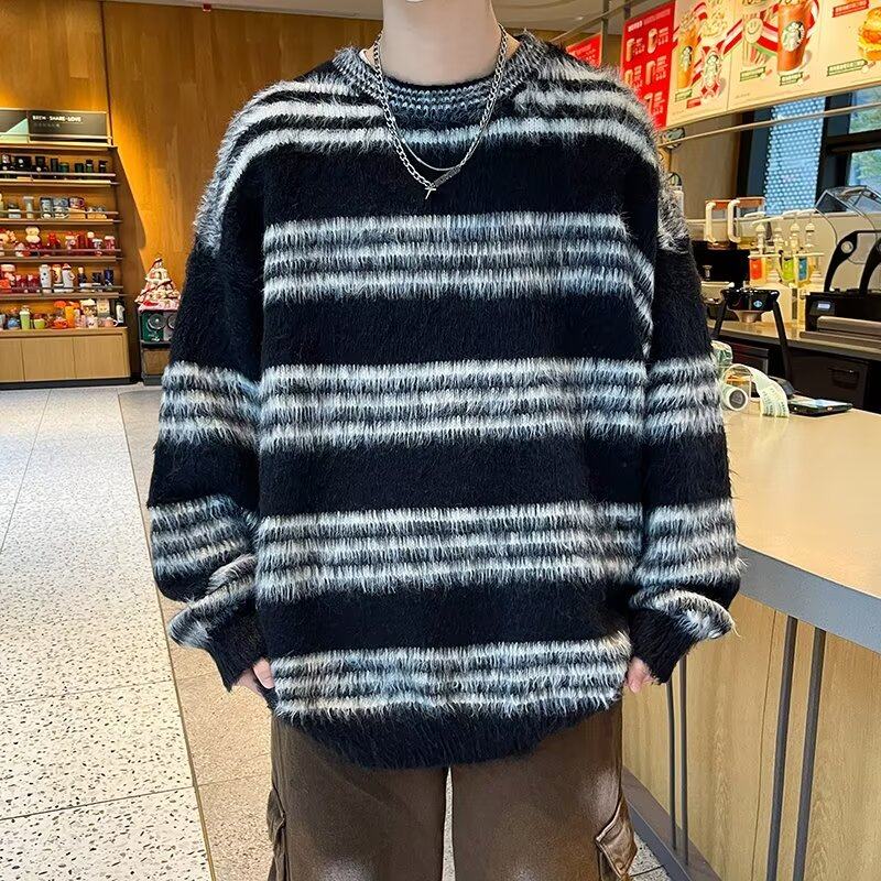 Striped crew neck sweater men's autumn and winter trendy brand loose lazy style couple sweater jacket