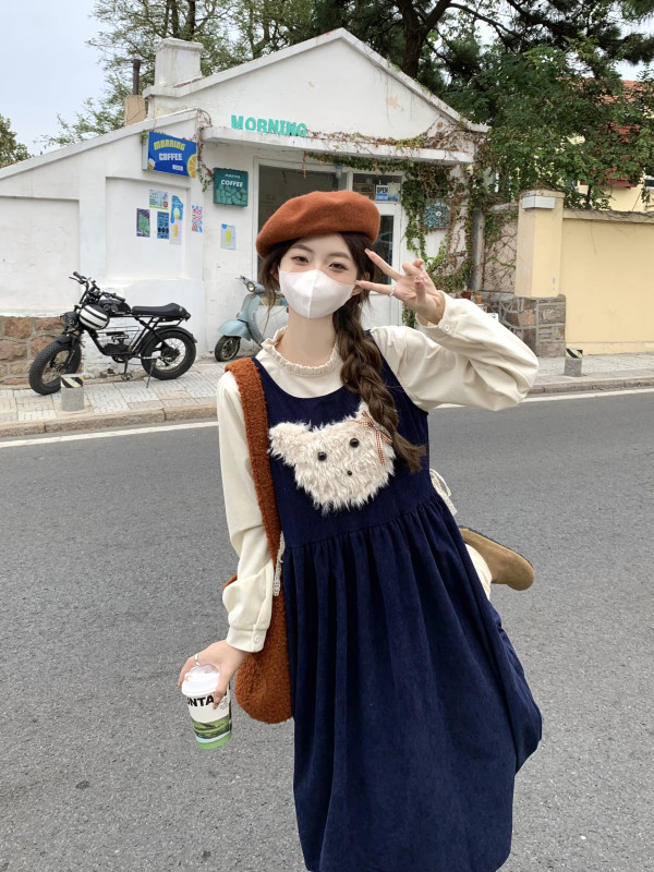 Autumn and winter retro cute girl plush bear corduroy vest skirt versatile shirt two-piece set