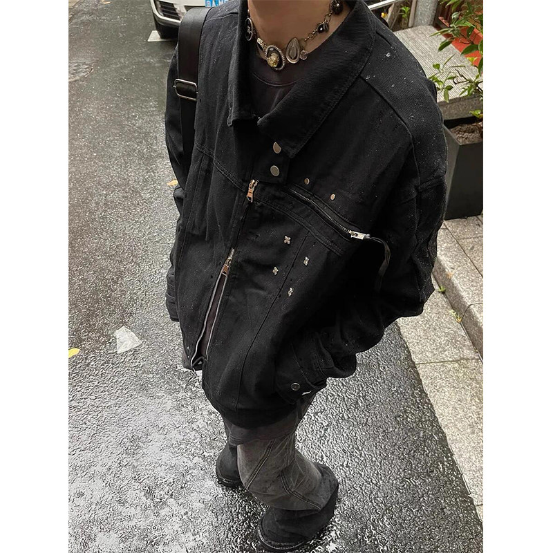 American retro distressed washed metal buckle workwear denim jacket