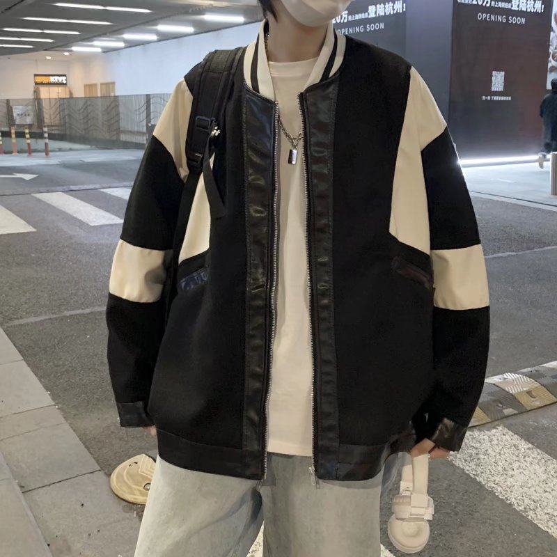 Trendy men's spring woolen leather sleeve jacket