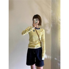 Yellow Striped Long Sleeve T-Shirt Women's Autumn and Winter Retro Slim Fit Bottoming Top