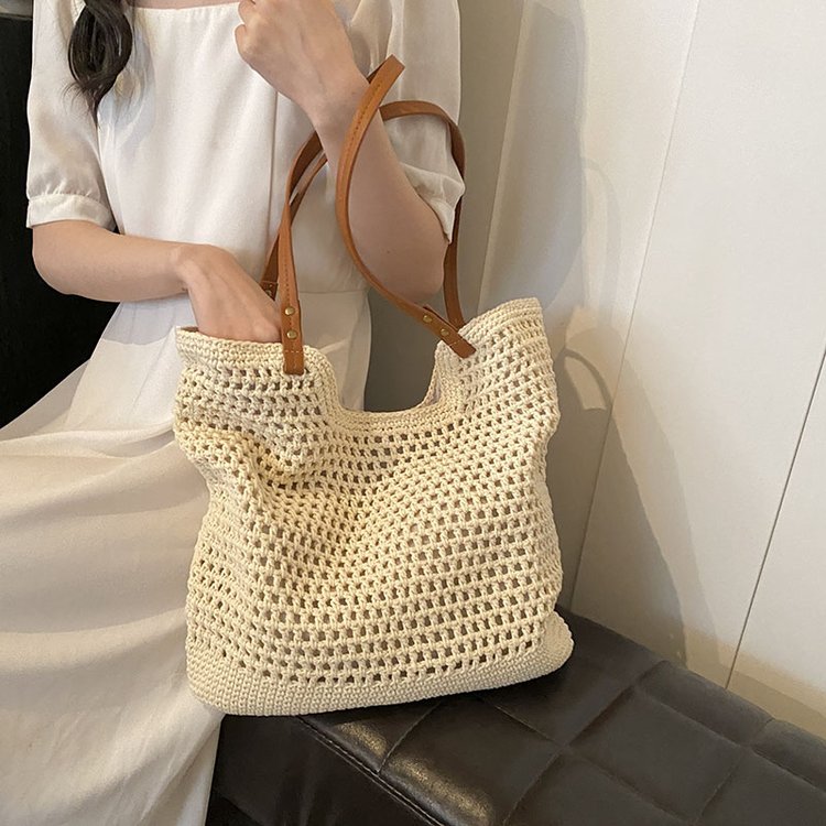 Cotton woven bag seaside beach vacation large capacity shoulder bag niche design hollow tote women's bag