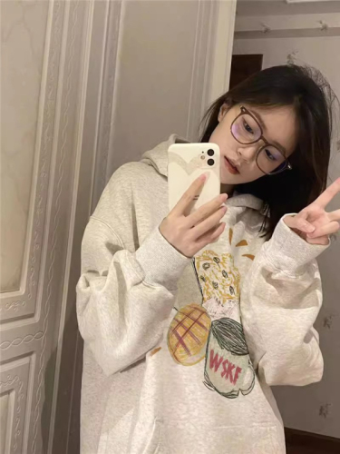 Hooded sweatshirt with hooded rope imitation cotton Chinese cotton composite milk silk 320g silver fox velvet 420g loose sweatshirt