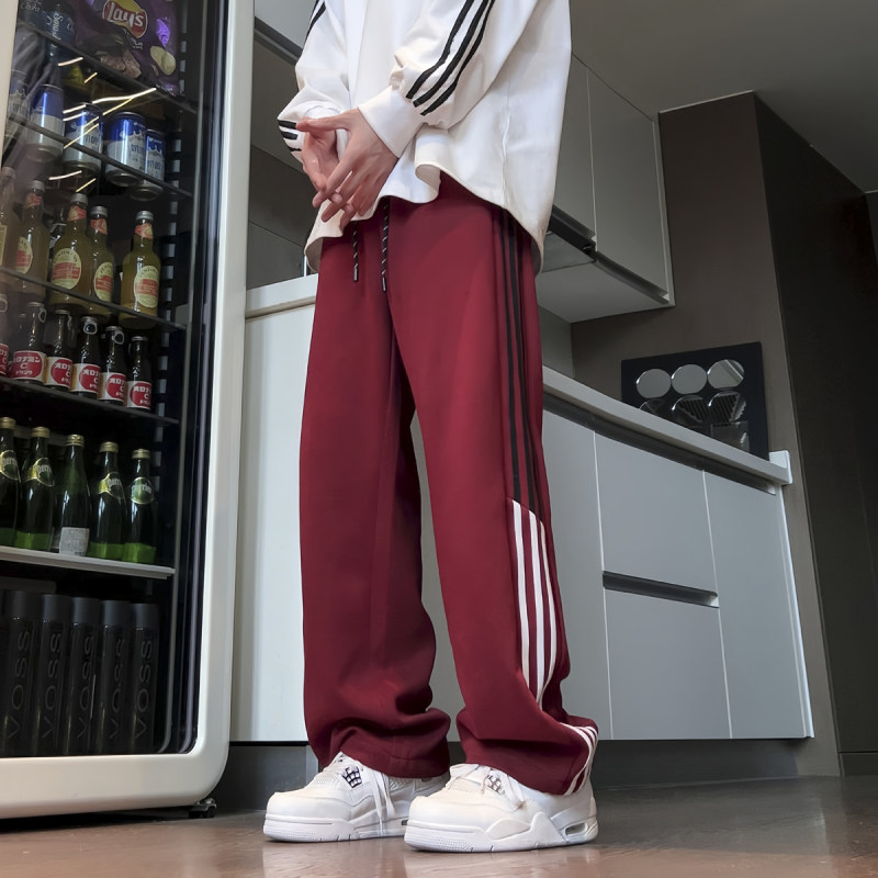 ~Autumn and winter striped patchwork sweatpants loose straight sweatpants