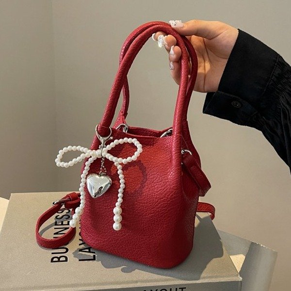 Cross-border women's bag summer high-end red handbag 2024 new simple bucket bag fashionable shoulder crossbody bag