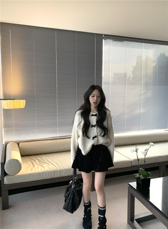 Korean style round neck knitted open small fragrant sweet bow loose thickened sweater polka dot skirt suit
