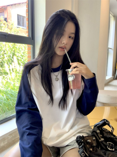 Contrast color long-sleeved T-shirt for women early autumn new pure cotton loose design raglan sleeve bottoming shirt layered top