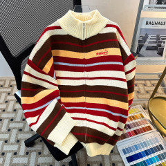 New autumn and winter trendy striped contrasting color stand-up collar sweater cardigan jacket