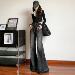 American-style fluffy edge boot-cut trousers, nostalgic jeans for women, autumn and winter high-waisted hottie style thickened denim jeans