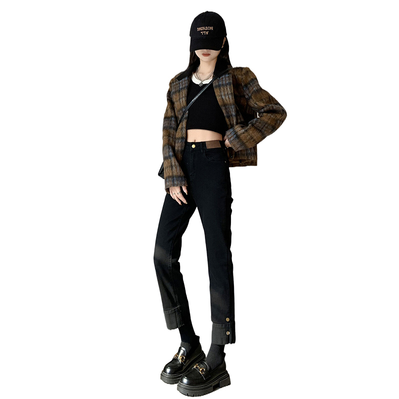Autumn and winter velvet thickened high-waisted straight jeans for small women with cuffed nine-point cigarette pipe pants trendy