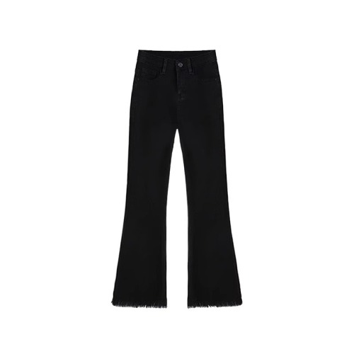 Black raw edge bootcut jeans for women in autumn and winter new large size slimming pear-shaped body stretch flared pants