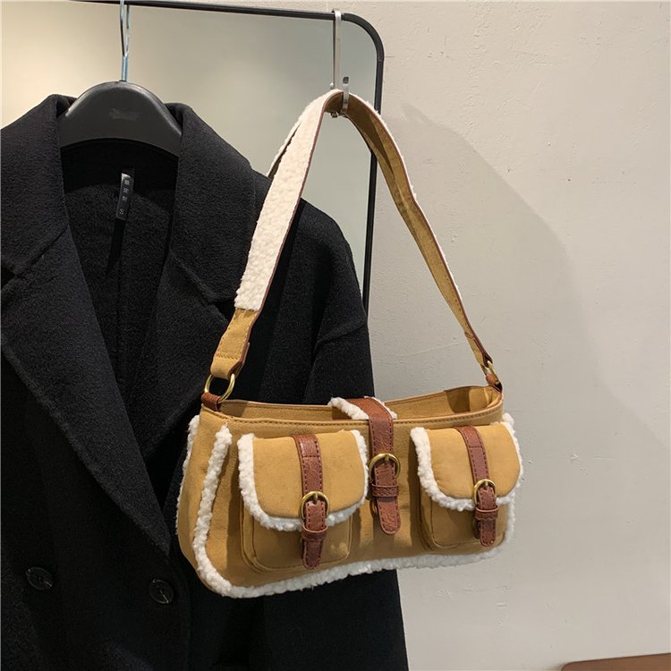 2024 Autumn and Winter Women's Retro Compact Faux Suede Pocket Backpack Versatile Lamb Wool Shoulder Bag Backpack