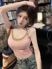 Contrast color stitching fake two piece suspender top for women