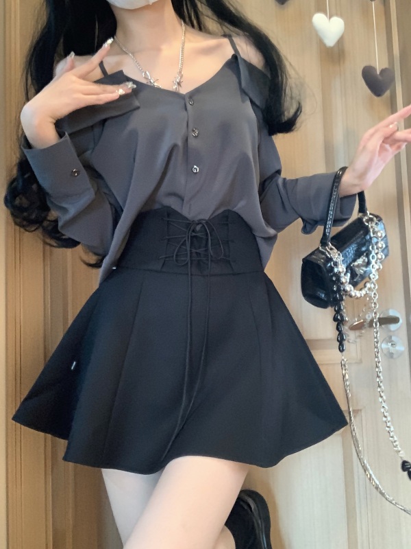 Pure lust sexy hot girl one-shoulder suspender long-sleeved shirt + high-waist belted skirt suit