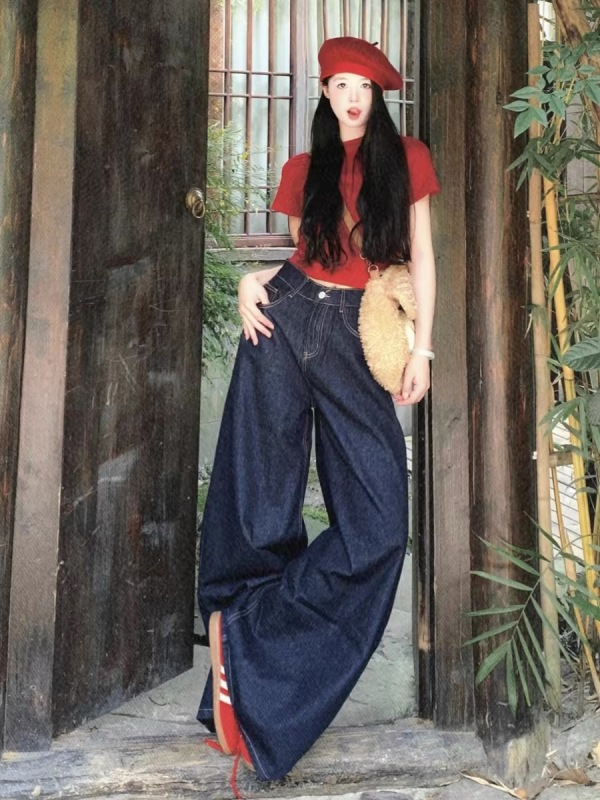 Velvet dark blue high-waisted wide-leg jeans spring, autumn and winter new Hong Kong style loose casual tall people lengthened