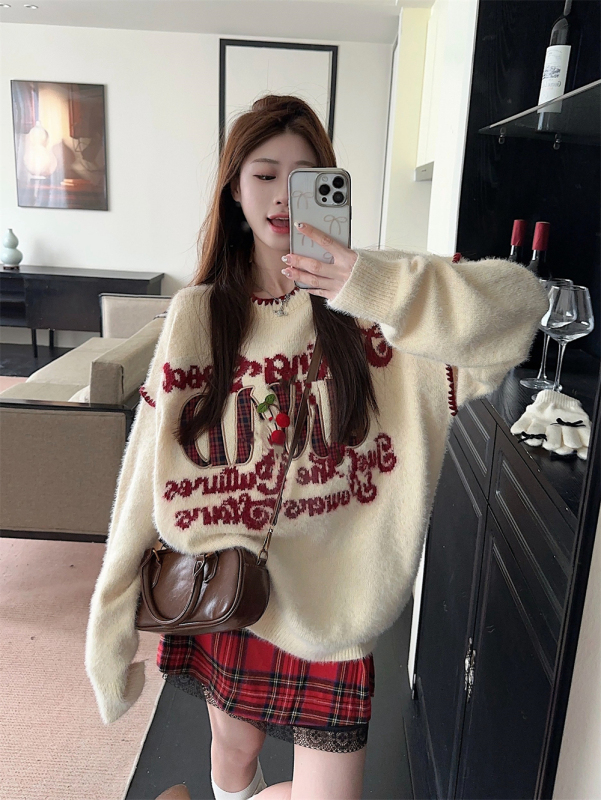 American retro embroidered round neck sweater for women, autumn and winter lazy style loose sweater