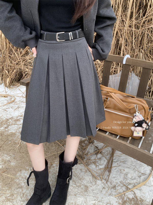 American gray woolen pleated skirt for women autumn and winter high waist slimming A-line cover-up skirt