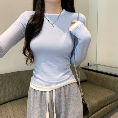 Fake two pieces of German velvet warm inner T-shirt bottoming shirt for women autumn and winter Korean version contrasting color pleated slim slimming top