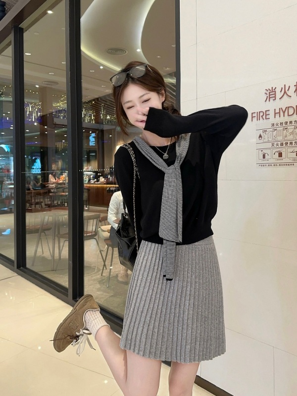 Designed fake two-piece shawl tie hooded sweater loose slimming top A-line skirt