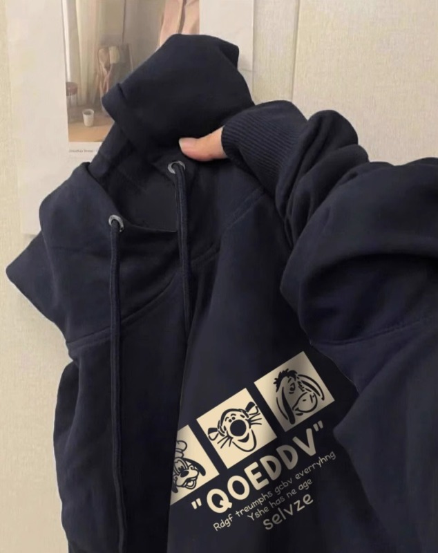 Simple Korean hiphop cartoon printed drawstring hooded sweatshirt for women in autumn and winter plus velvet and thickened loose top