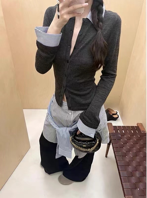 Designed fake two-piece spliced ​​striped lapel knitted cardigan 2024 new temperament, age reduction, slimming and versatile tops