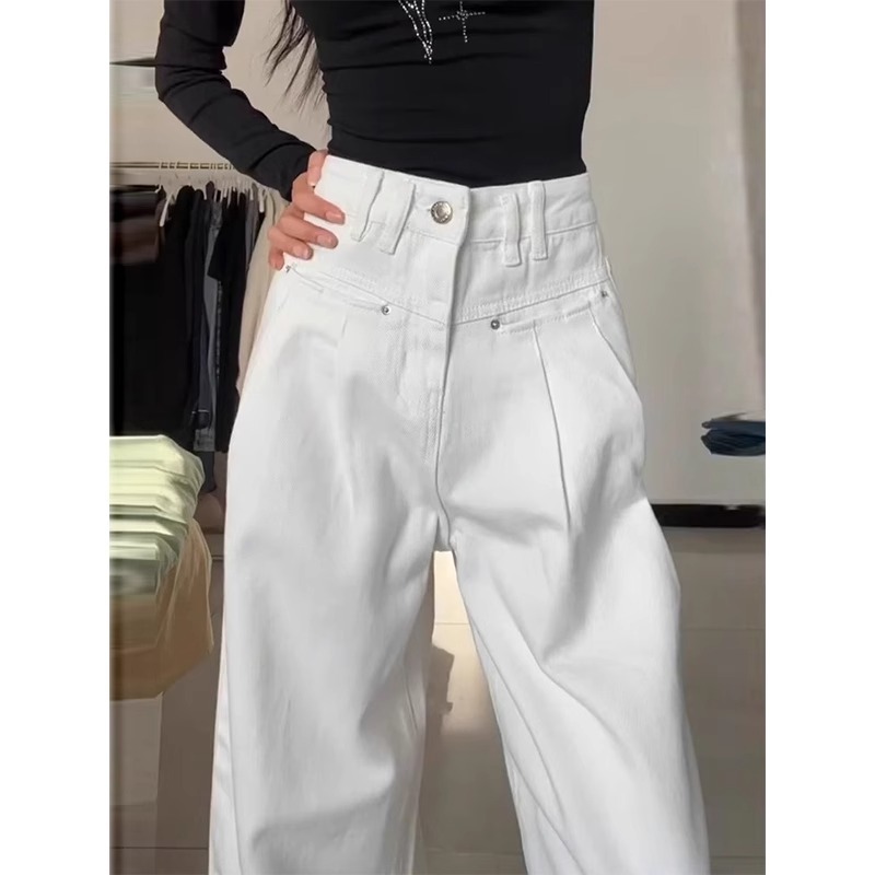 White pleated wide-leg jeans for women, spring and summer new design, high-waisted, loose, slim, casual straight-leg trousers