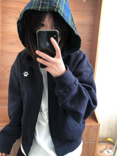American retro dog paw embroidery stitching and stacking plaid hoodie for women in autumn loose couple hooded sweatshirt jacket trendy