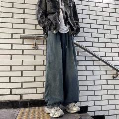 Tie-down distressed jeans for men, trendy brand loose wide-leg pants, American high street retro casual trousers