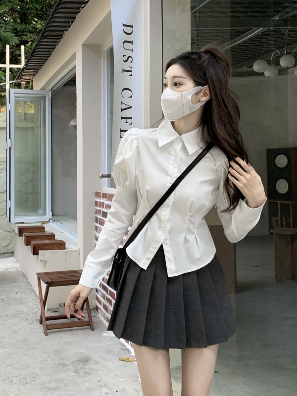 Waisted shirt for women, designer shirt, slimming short top + high waist slimming pleated skirt