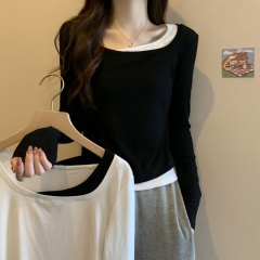 Real shot of large size contrasting color fake two-piece square neck long-sleeved T-shirt for women in autumn slim-fitting and stylish inner-layer base shirt top
