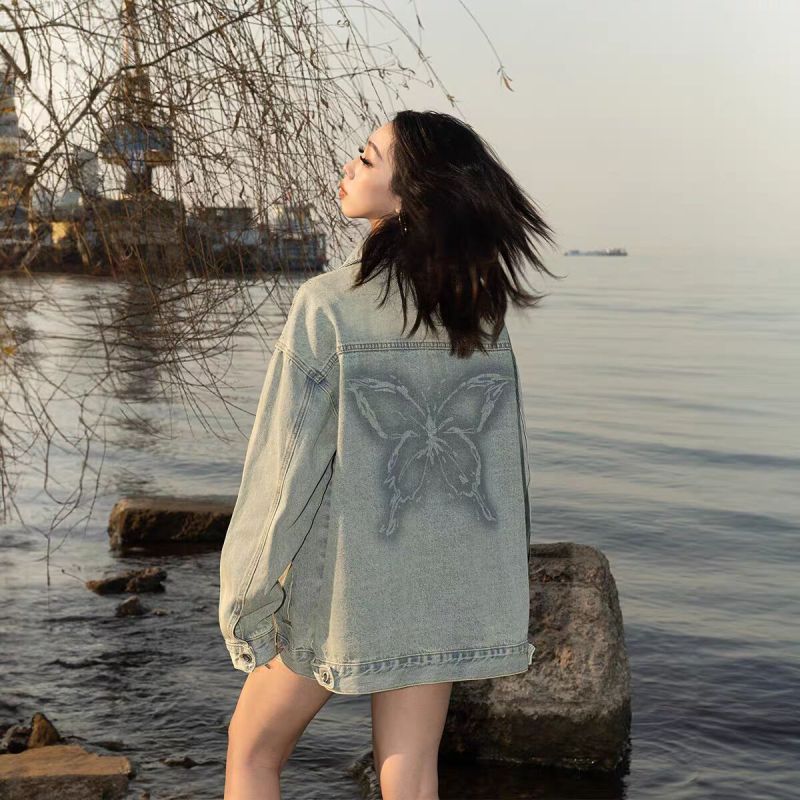 Retro butterfly print denim jacket for women spring and autumn 2024 new street fashion brand jacket loose top