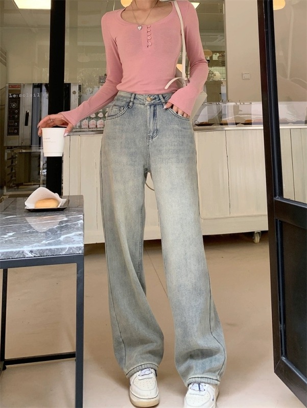 Retro plus velvet light-colored jeans for women in autumn and winter new high-waisted wide-leg pants loose straight-leg floor-length pants for small people